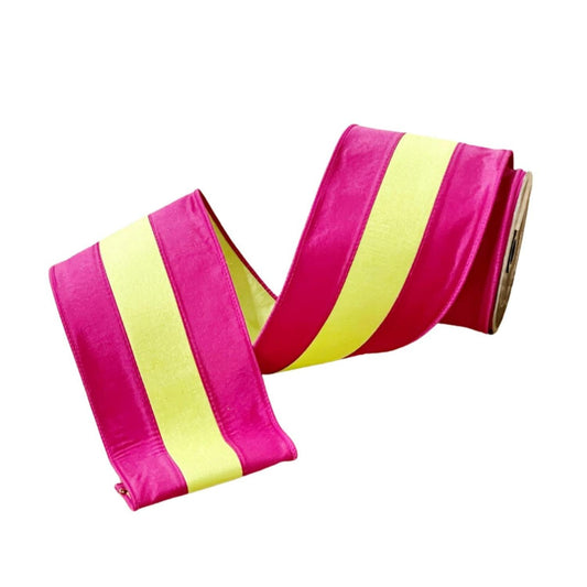 4" Dupion Striped Ribbon: Fuchsia/Lime (10 Yards)