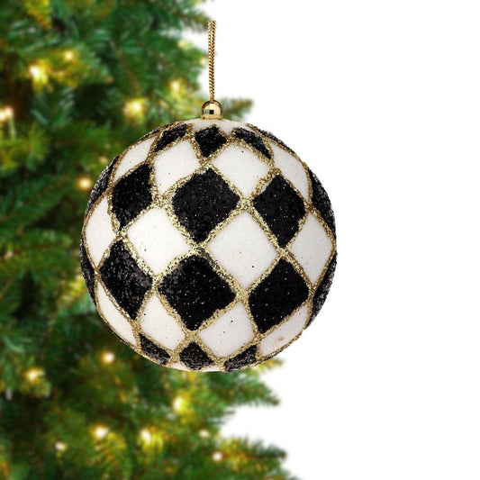 4inch Harlequin Glitter Ball Ornaments: Black/Gold