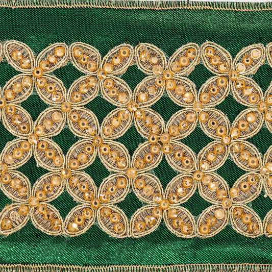 4 inch Jeweled Ribbon: Green/Gold (5 Yards)