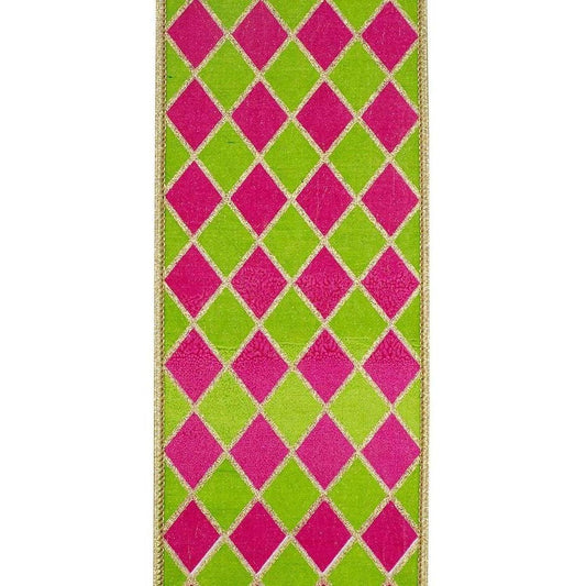 4" Metallic Harlequin Ribbon: Lime/Pink (5 Yards)