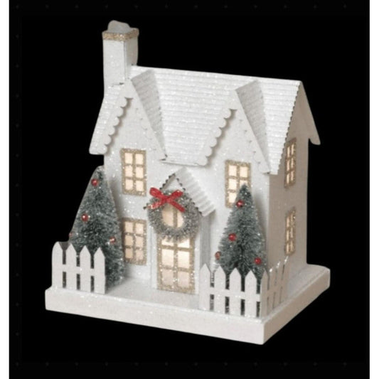 7" Lighted Holiday House with Trees