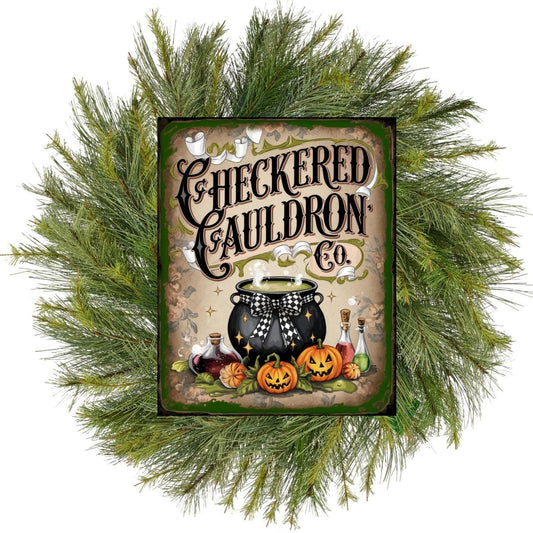 Checkered Cauldron Co Halloween Sign