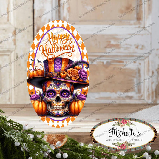 Happy Halloween Sugar Skull Oval Sign