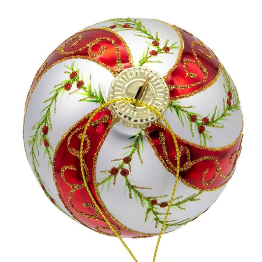 Kurt Adler 80MM Glass Red and White Holly Ornaments, 6 pieces