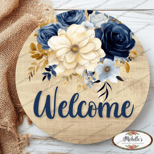 Welcome Blue Watercolor Floral Round Sign
