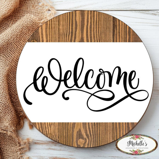 Welcome Faux Wood Round Sign