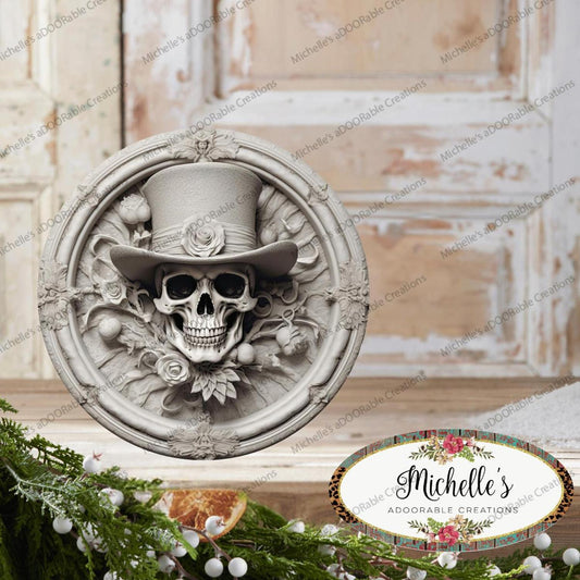 White Face Skull Top Hat Portrait Sign
