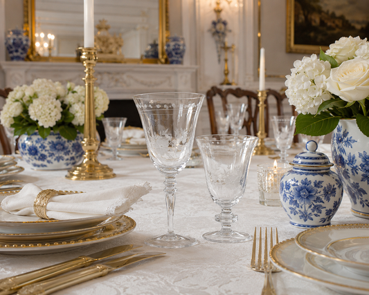 a table set with plates and glasses