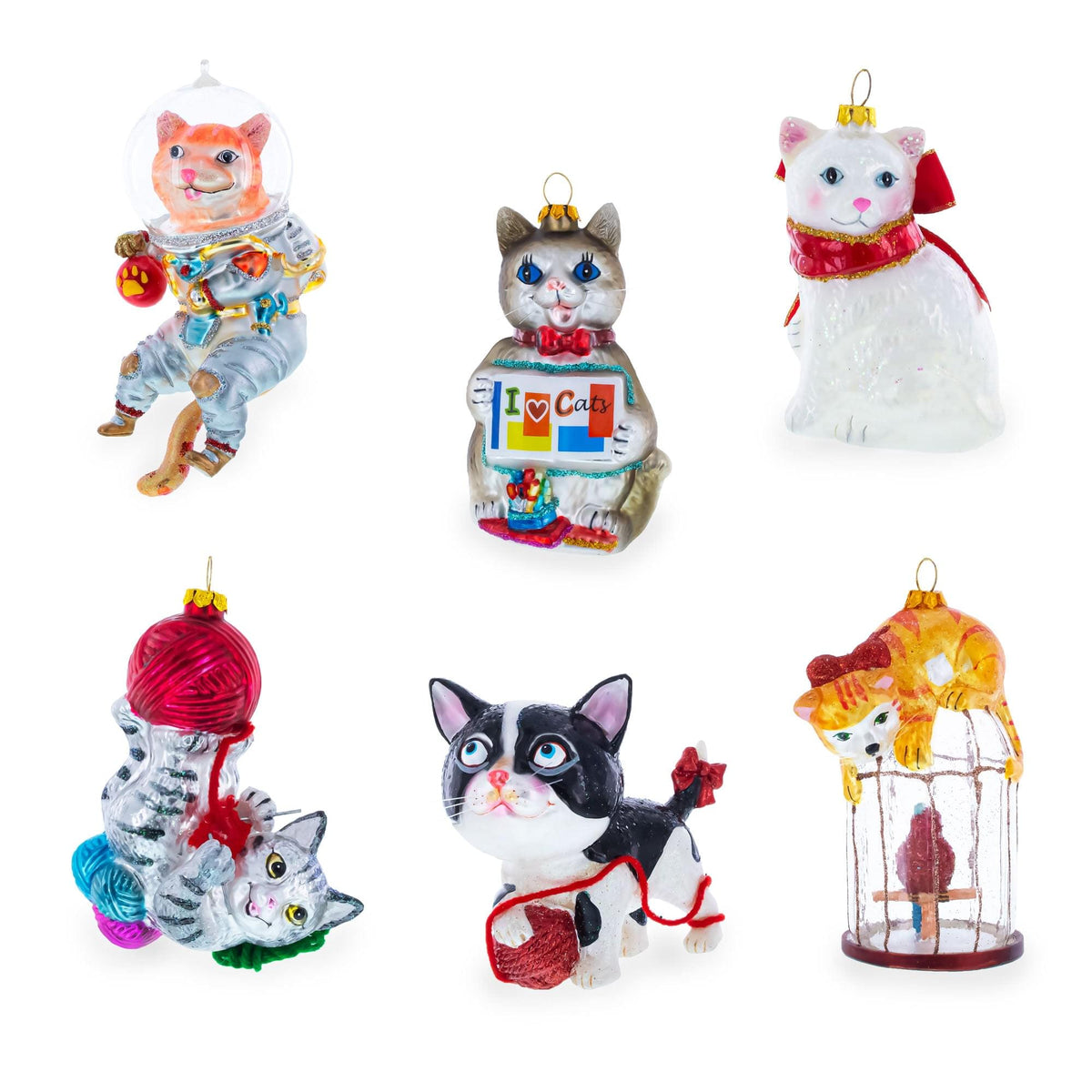 Curious Cat and Caged Bird Glass Christmas Ornament