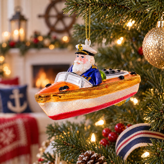 Captain Santa on a Boat Glass Christmas Ornament
