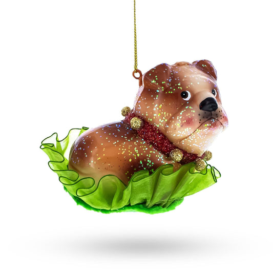 Bulldog Pup Glass Christmas Ornament