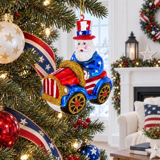 Uncle Sam Santa Driving a Car Glass Christmas Ornament