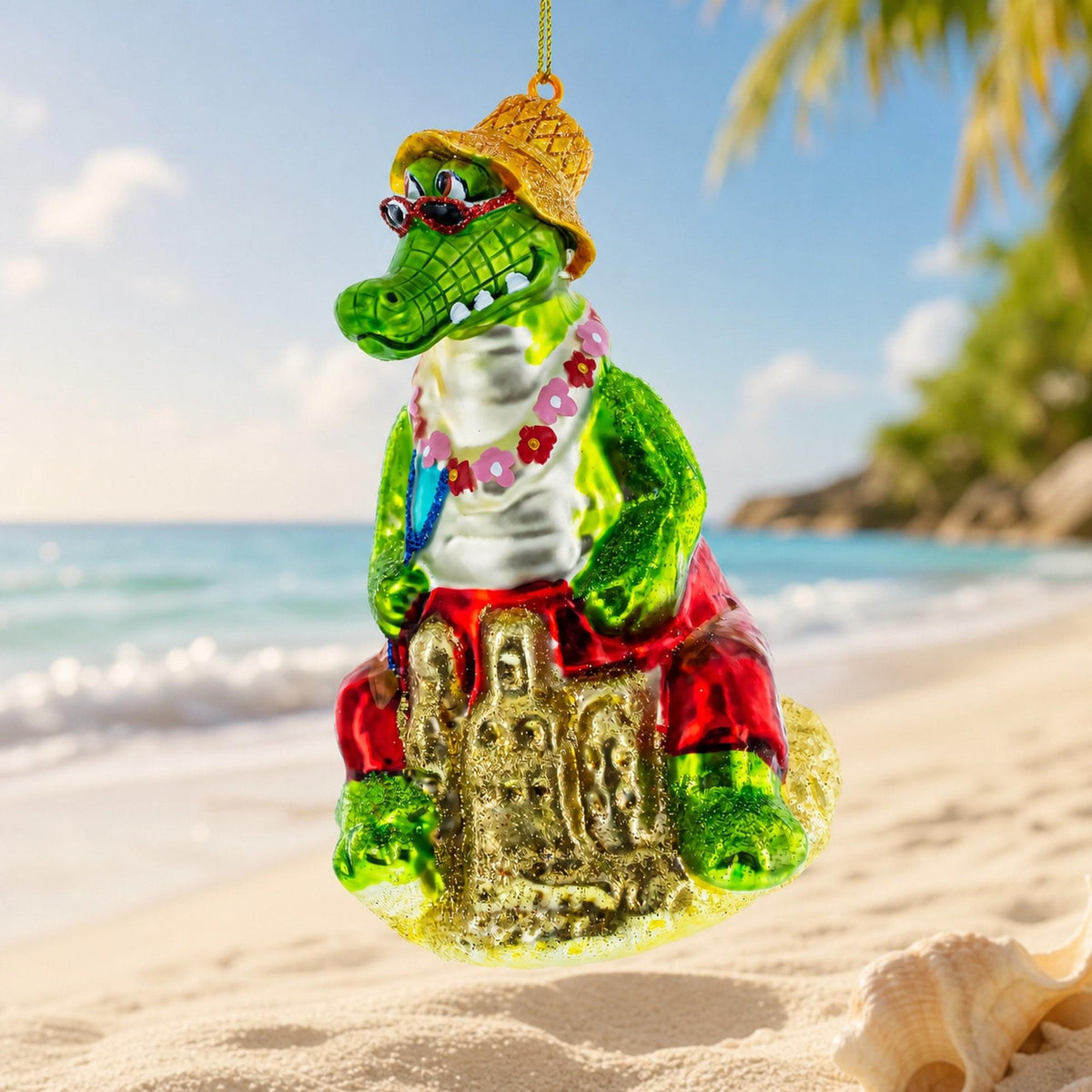 Alligator Relaxing on the Beach Glass Christmas Ornament