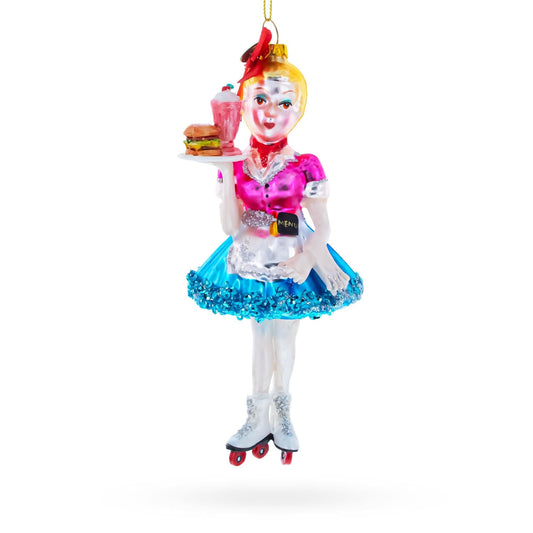 a christmas ornament with a woman holding a tray of food