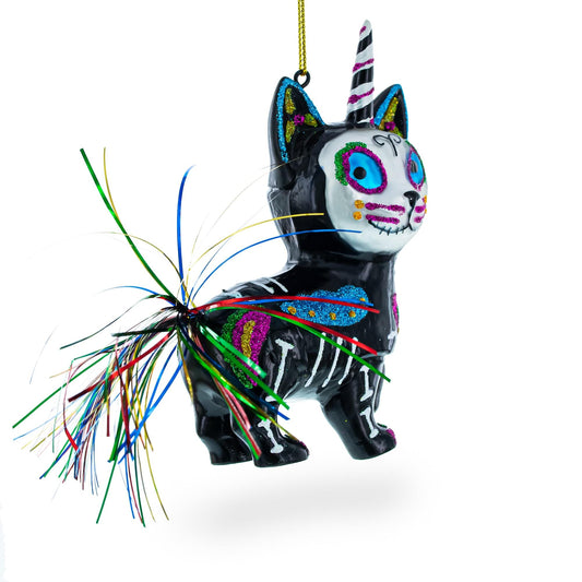 a black cat with a unicorn horn and colorful strings