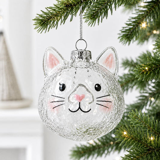 Mini Cat Head Clear Glass Christmas Ornament