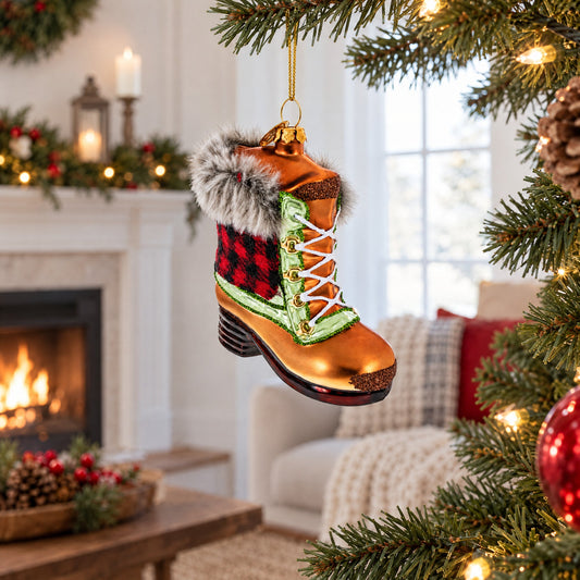 Winter Furry Boot Glass Christmas Ornament