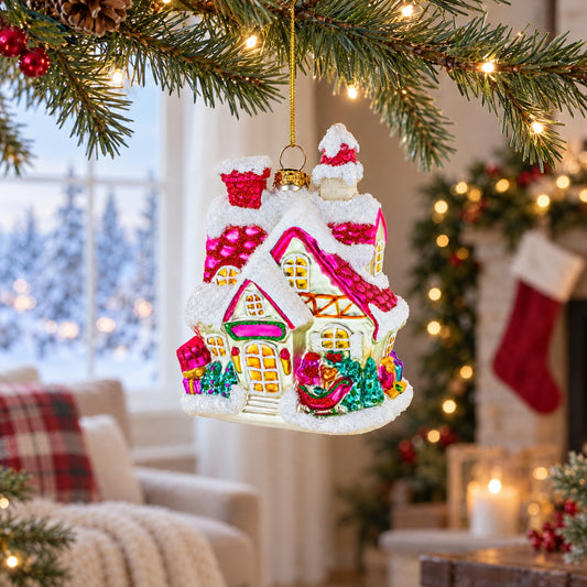 Winter Wonderland Snow-Covered House Glass Christmas Ornament