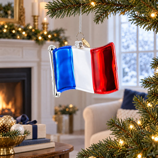 Waving Flag of France Glass Christmas Ornament