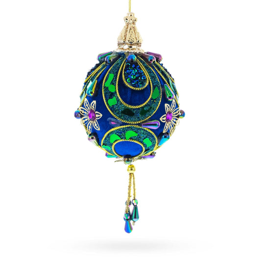 Royal Blue Jeweled Gold Filigree Accents and Tassels Christmas Ornament