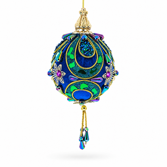 Royal Blue Jeweled Gold Filigree Accents and Tassels Christmas Ornament