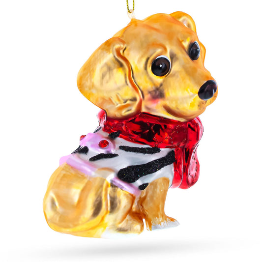 Golden Retriever Puppy in Red Scarf Glass Christmas Ornament