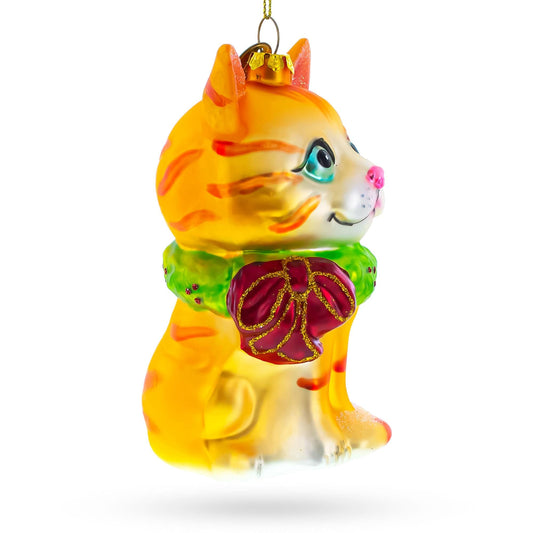 Orange Tabby Cat with Scarf Glass Christmas Ornament