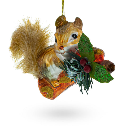 Squirrel on a Blossoming Branch Glass Christmas Ornament