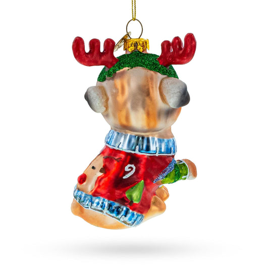 Pug Wearing Reindeer Antlers Glass Christmas Ornament