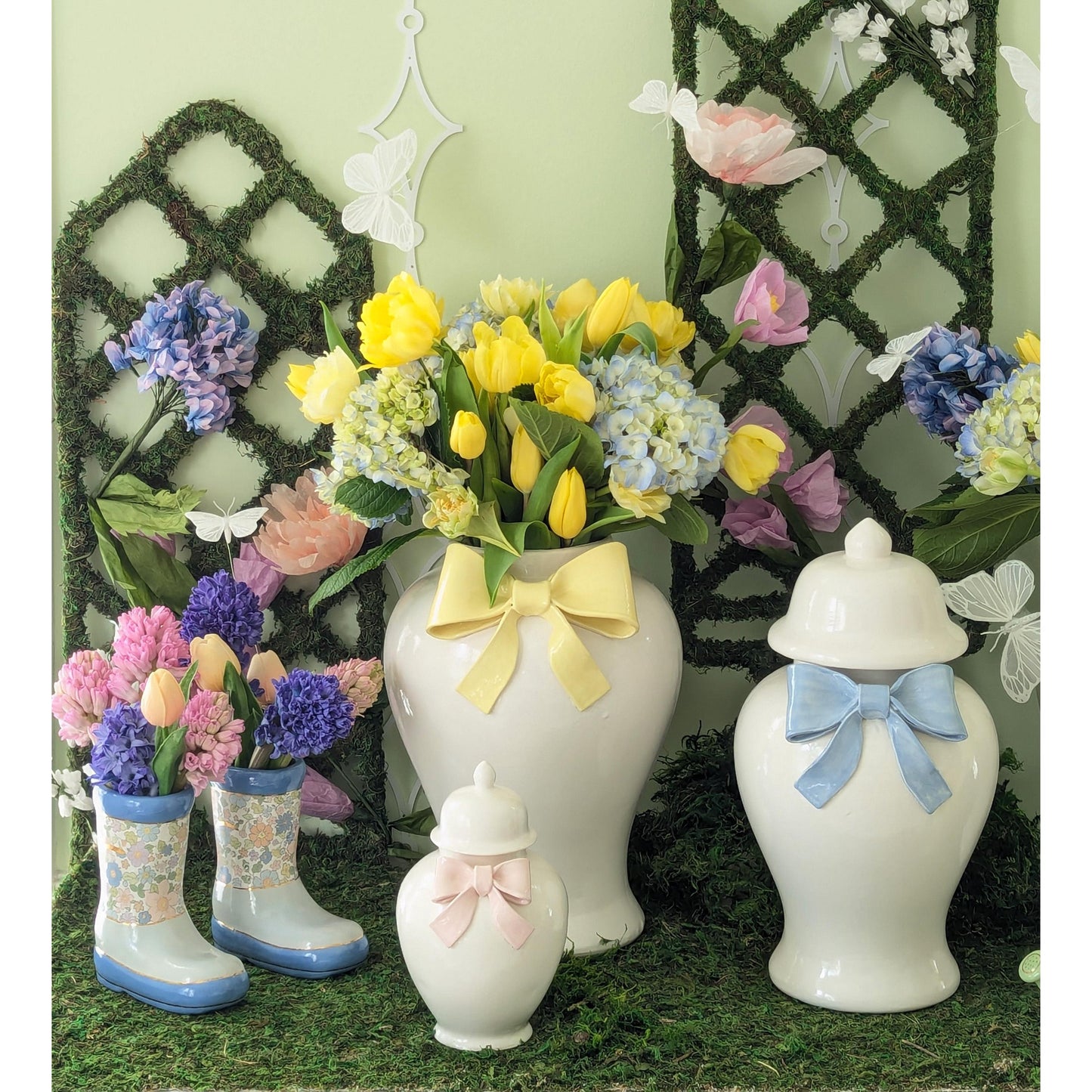 Ginger Jars with Sculpted Ceramic Bow in Moss Green