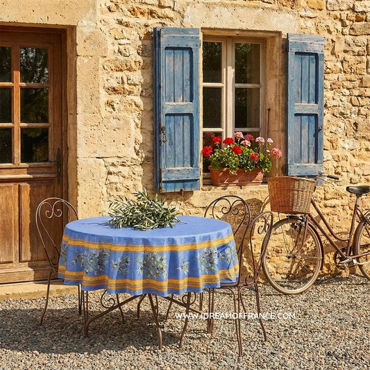 French Provencal tablecloth - Cotton, natural or acrylic-coated - 70" round - Clos des Oliviers blue | Label France