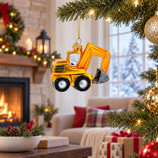 Wheel Excavator Construction Vehicle Glass Christmas Ornament