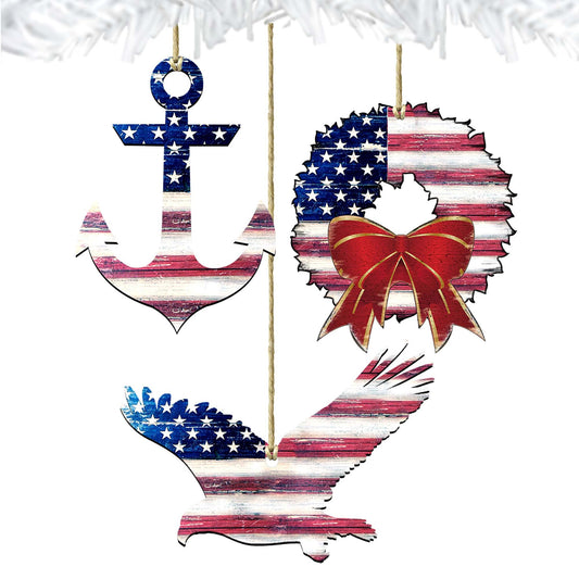 Patriotic Holiday Wreath Wooden Ornaments Set of 3 - American Christmas Decor - 8100039S3