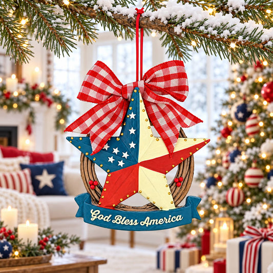Americana Patriotic Star Wreath God Bless America Resin Christmas Ornament