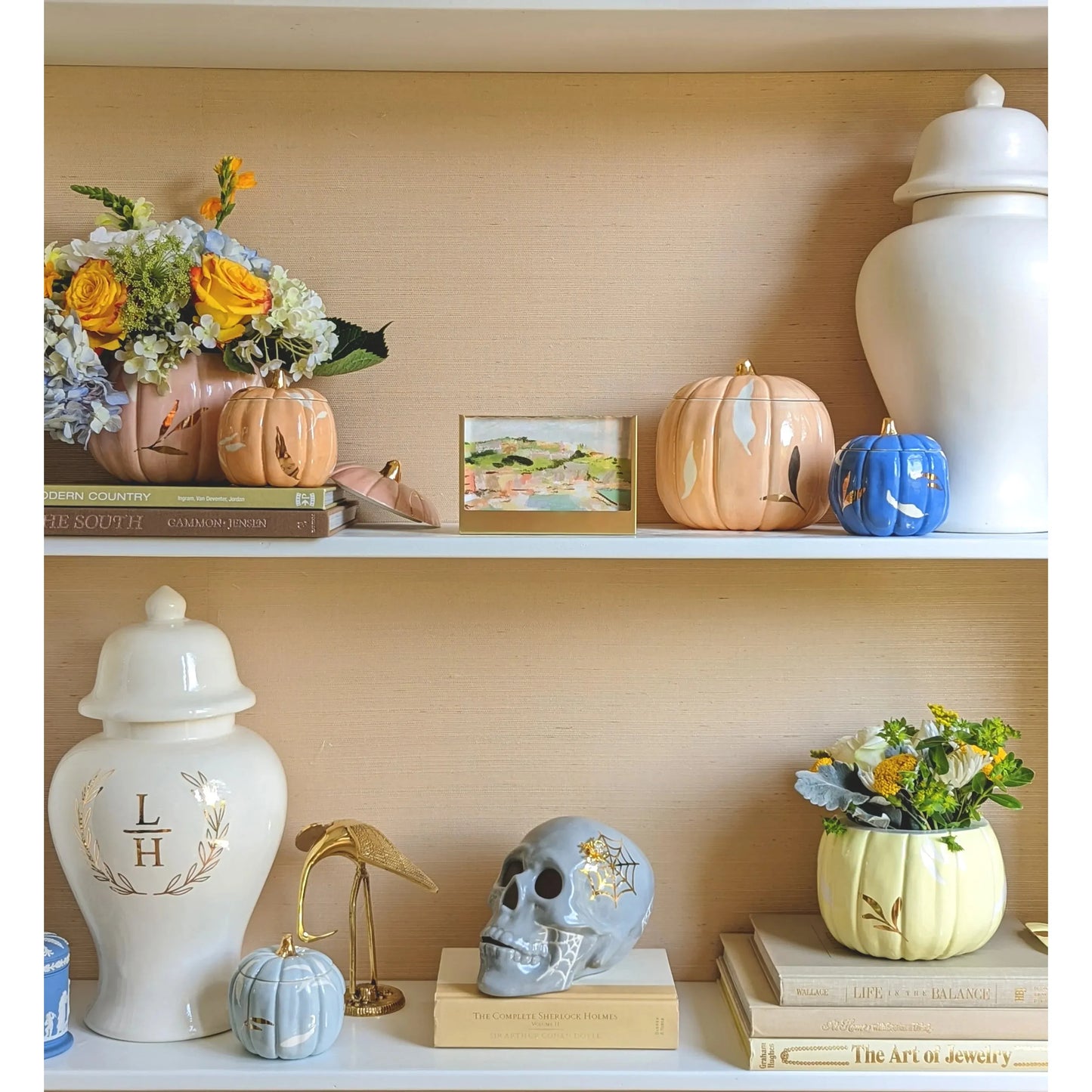 Layered Leaves Pumpkin Jars with 22K Gold Accents in French Blue