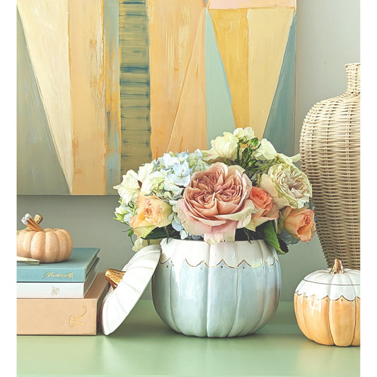 Scalloped Pumpkin Jars with 22K Gold Accents in Light Blue