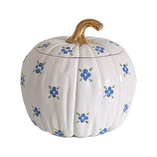 Cottage Floral Pumpkin Jars with 22K Gold Accents in Blue
