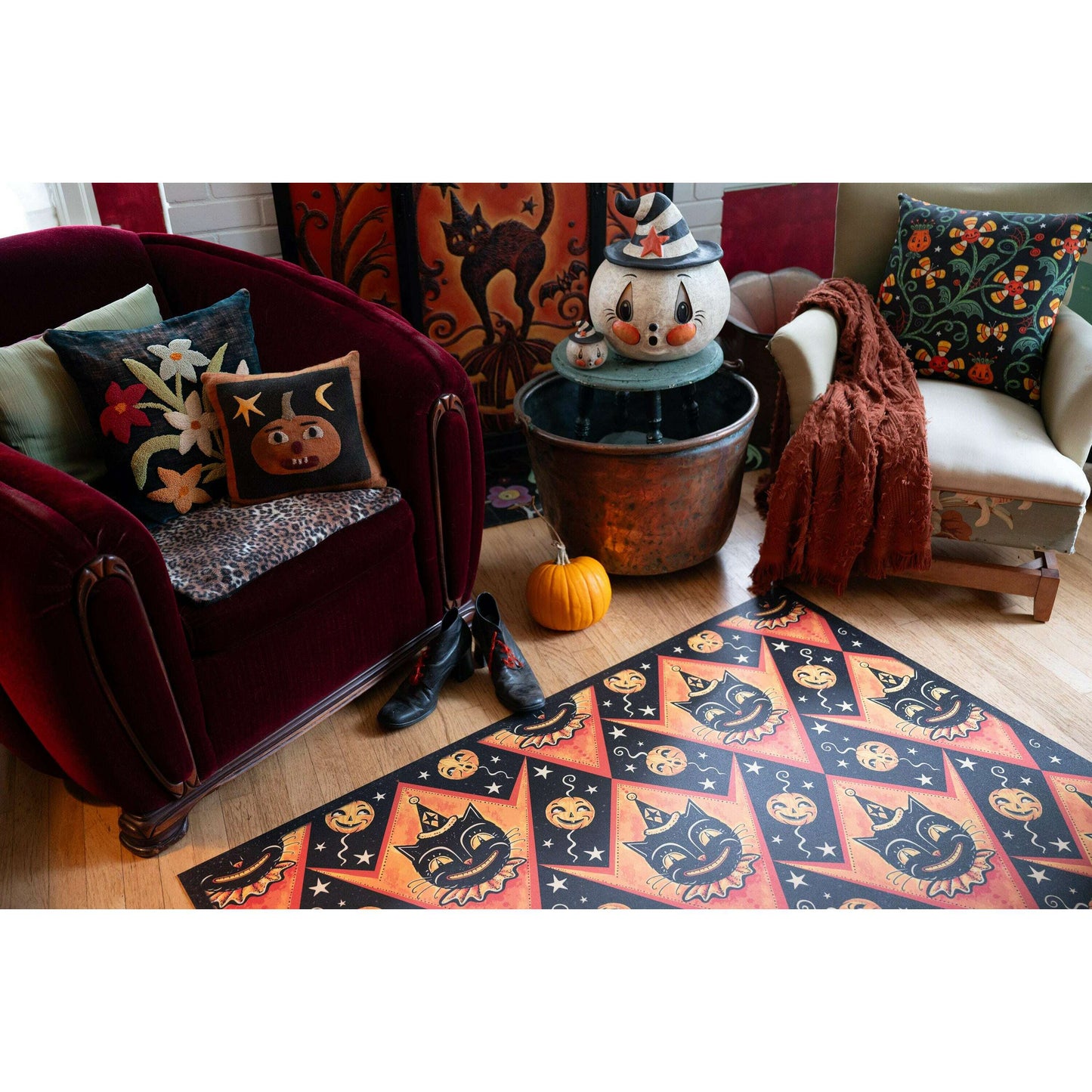 Grinning Black Cat Jack 56” Harlequin Vinyl Floor Decor