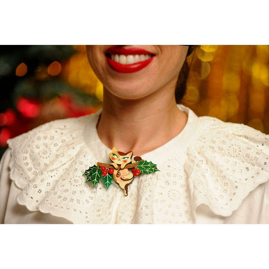 Kitty on A Holly Branch Brooch by Laliblue