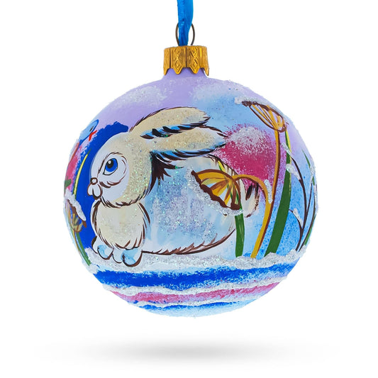 Charming Bunny Rabbit and Bird Whimsical Glass Ball Christmas Ornament 3.25 Inches
