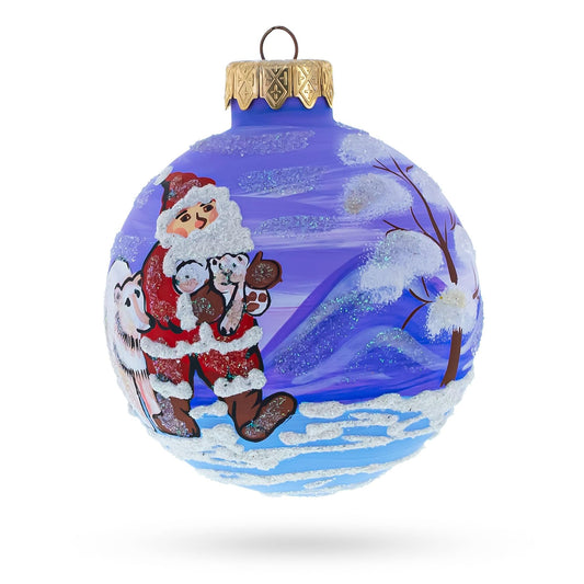 Santa and Polar Bear Festive Glass Ball Christmas Ornament 3.25 Inches