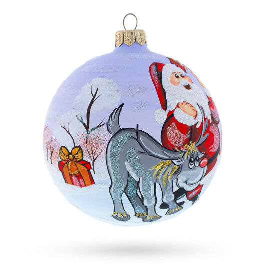 Santa and Reindeer Glass Ball Christmas Ornament 4 Inches