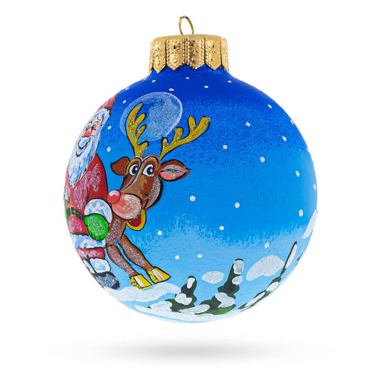 Santa and Reindeer Festive Glass Ball Christmas Ornament 4 Inches