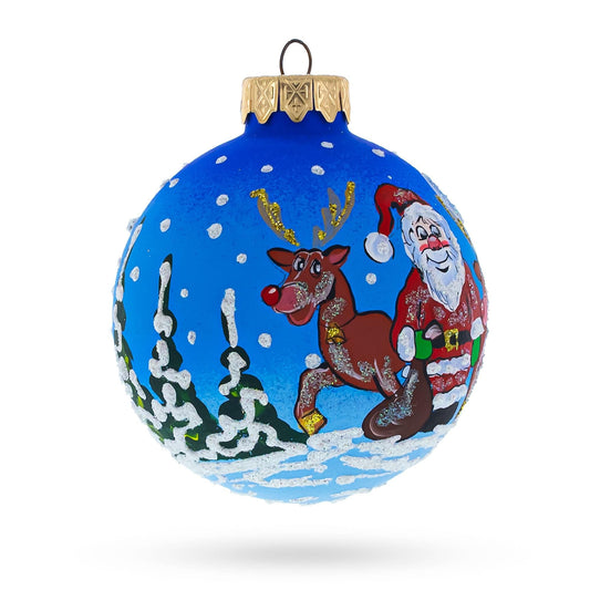Santa and Reindeer Festive Glass Ball Christmas Ornament 3.25 Inches