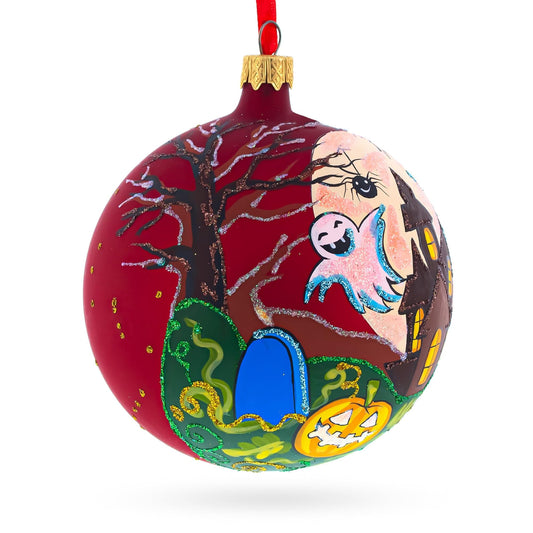 Ghosts and Haunted House Glass Ball Halloween Ornament 4 Inches