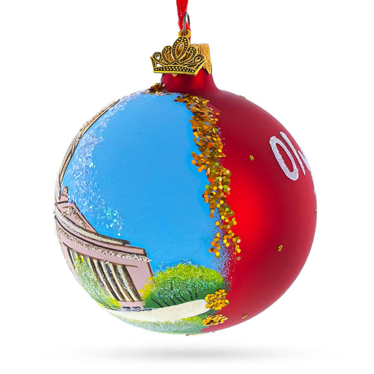 a red and blue christmas ornament