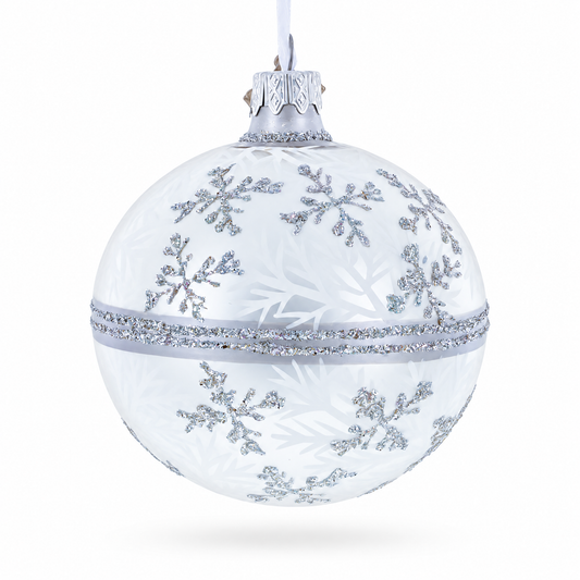 White Winter Glitter Snowflake Design Glass Ball Christmas Ornament 3.25 Inches