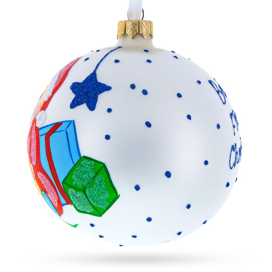 Boy Opening Gift Glass Ball Baby's First Christmas Ornament 4 Inches