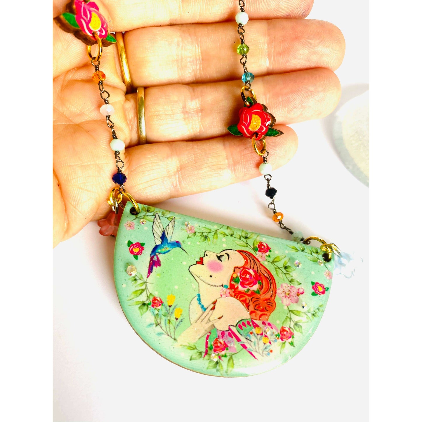 Lady and Hummingbird Statement Necklace by Rosie Rose Parker