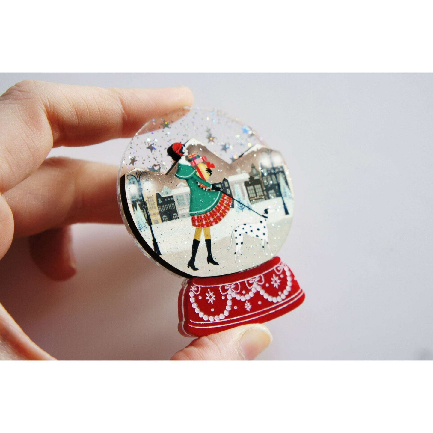 Christmas Shopping Snow Globe Brooch by Laliblue